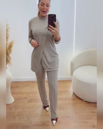 Women's 2 Piece Knit Outfits Mock Neck Long Sleeve Asymmetrical Longline Top and Straight Leg Pants Set