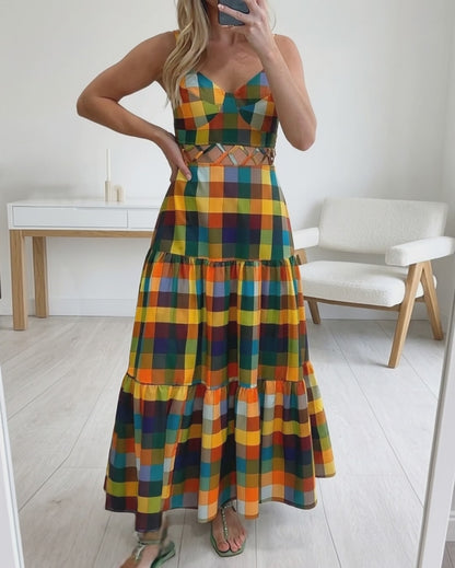 Women's Colorblock Plaid Hollow-out Maxi Dress V Neck Backless Ruffle Cami Dress Casual Shirred Beach Sundress