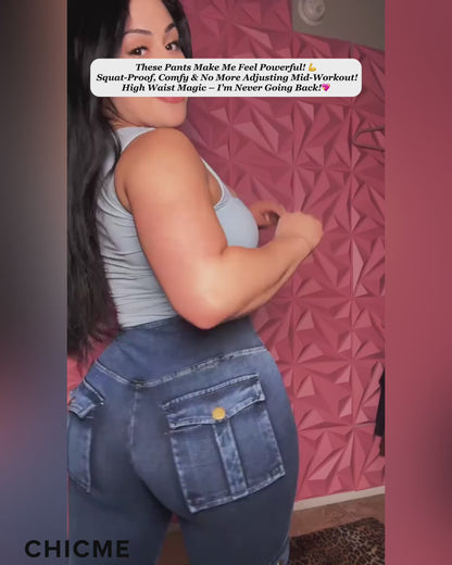 High Waist Tummy Control Butt Lifting Denim Look Leggings Stretchy Yoga Pants with Flap Pockets