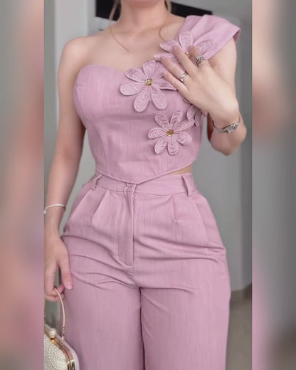 2 Pieces Outfit Rhinestone Decor 3D Floral Applique One Shoulder Sleeveless Shirred Back Crop Top and High Waist Zipper Fly Elastic Back Waist Wide Leg Pants Set