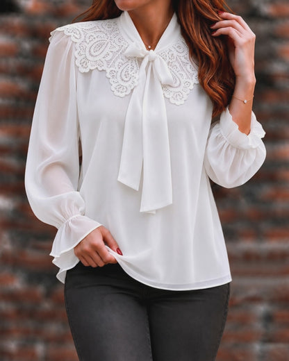Women's Guipure Lace Spliced Tie Neck Long Sleeve Chiffon Blouse