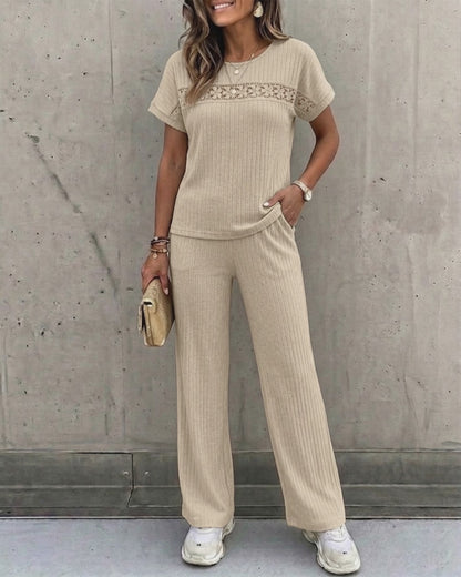 Women's 2 Piece Lounge Set Lace Patchwork Short Sleeve Top and High Waisted Straight Leg Pants Soft Rib-Knit Outfits with Pockets