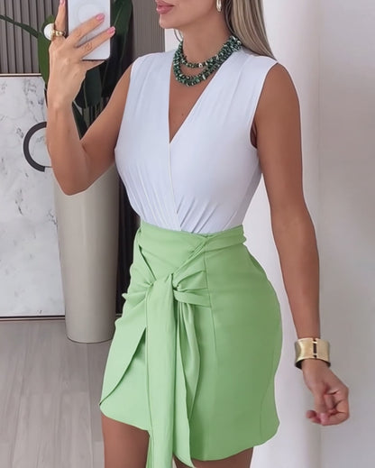Women's 2 Piece Outfits V Neck Sleeveless Bodysuit and High Waisted Wrap Knot Side Skirt Set Casual Matching Set