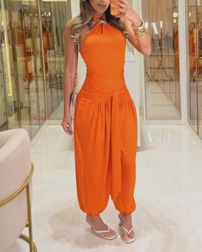 Women's Gold Decor Halter Tie Jumpsuit Sexy Backless Ruched Lantern Overalls Casual Vacation Jumpsuit