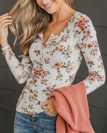 Women's Floral Print Henley Tee Ribbed Knit Slim Fit Long Sleeve Top