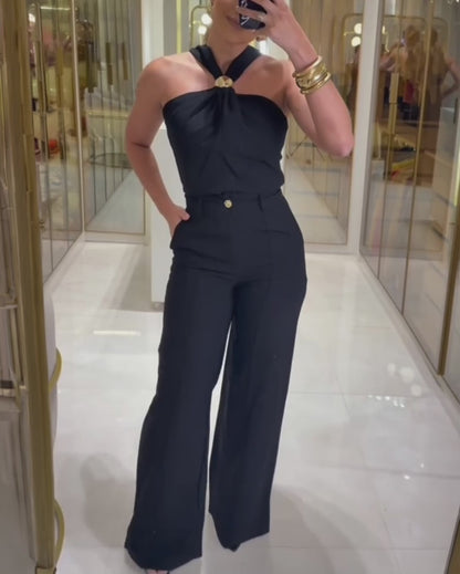 Women's 2 Piece Outfits Halter Neck Ruched Top and Wide Leg Pants Set Elegant Gold Decor Suits