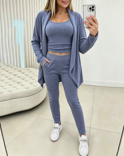 Women's 3-Piece Knit Set Shawl Collar Cardigan with Crop Tank and High Waisted Slim Fit Pants Casual Loungewear
