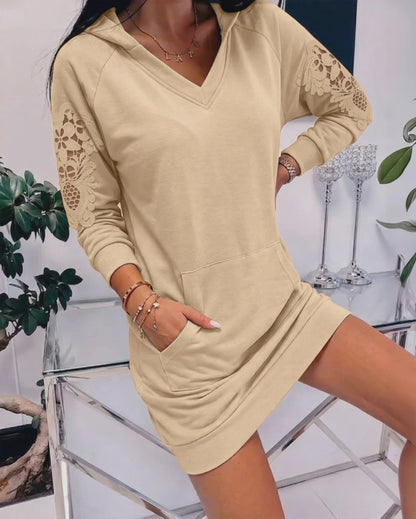 Women's Hooded Sweatshirt Dress V Neck Long Sleeve Guipure Lace Spliced Pullover Hoodie Dress with Pocket
