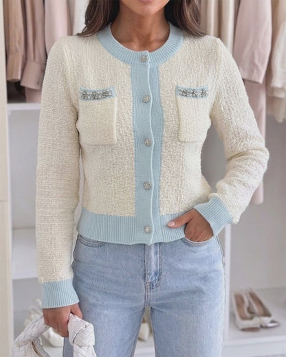 Women's Contrast Binding Knit Cardigan Pearl Beaded Textured Cropped Sweater Elegant Rhinestone Button Coat