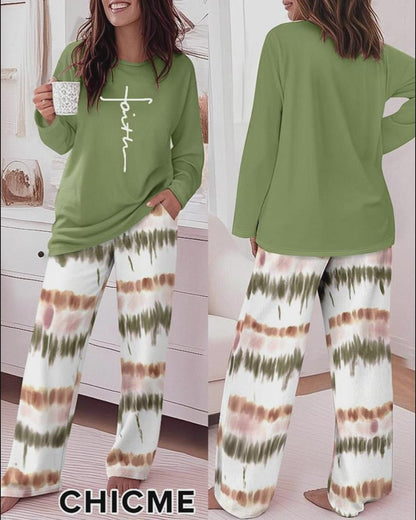 2 Pieces Outfit Letter Placement Print Long Sleeve Drop Shoulder Top and Ombre Loose Fit Pants Set Casual Pajamas Set
