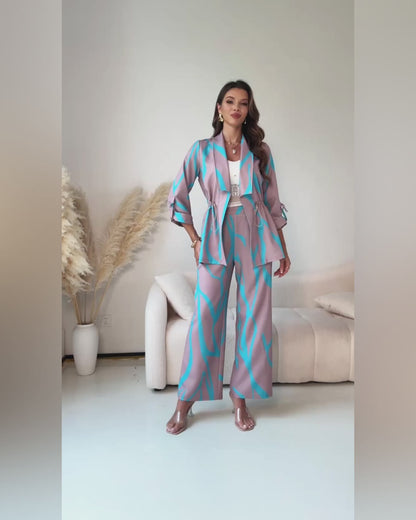 2 Pieces Outfit Shawl Lapel Turn-Up Sleeves Drawstring Waist Open Front Coat and Elastic Back Waist Wide Leg Pants Set Casual Abstract Print Commuting Set