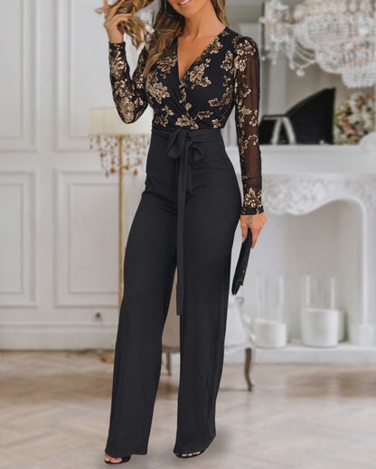 Women's Sequin Jumpsuit Sheer Mesh V Neck Long Sleeve Straight Leg Evening Overalls with Belt