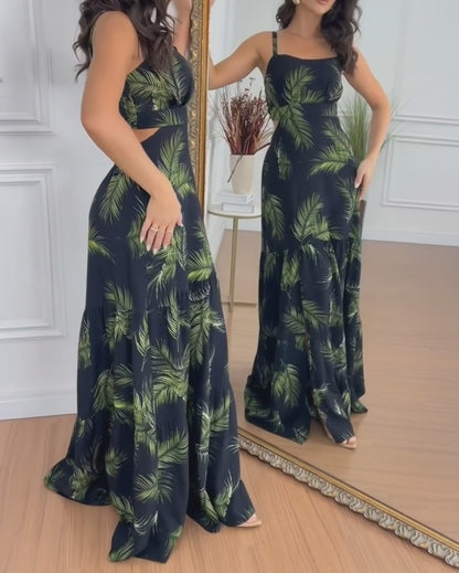 Women's Tropical Print Ruffle Hem Maxi Dress Sexy Cutout Adjustable Strap Slit Beach Vacation Dress