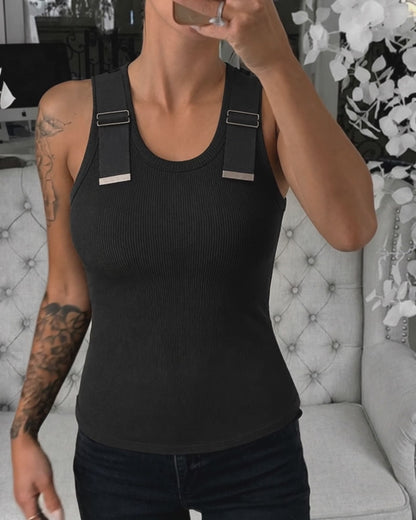 Women's Ribbed Knit Tank Top Adjustable Buckle Strap Side Ruched Knit Top Curved Hem Slim Fit Vest