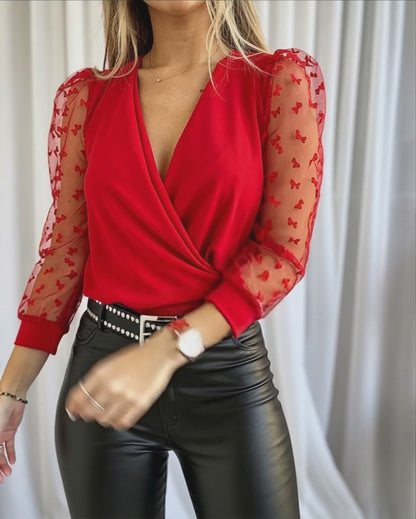Women's Mesh Flocked Bowknot Sleeve Blouse Overlap V Neck Tied Hollow Out Ruched Top