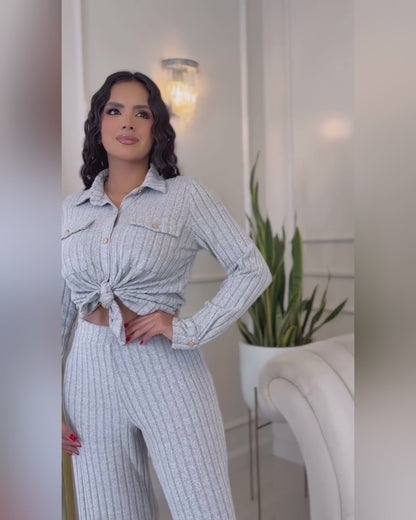 Women's 2 Piece Ribbed Knit Outfits Button Down Top and Straight Leg Pants Set Casual Loungewear Matching Tracksuit