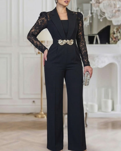 Women's Notched Lapel Jumpsuit Sheer Lace Long Sleeve Wide Leg Overalls Casual Evening Jumpsuit