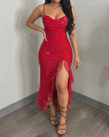 Women's Glitter Mesh Cami Dress Cowl Neck Slit Mermaid Dress Backless Ruffle Hem Party Dress with Built-In Bra