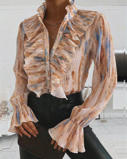 Tie Dye Print Stand Collar Flared Cuffs Button Front Blouse Casual Ruffles Design Pleated Top