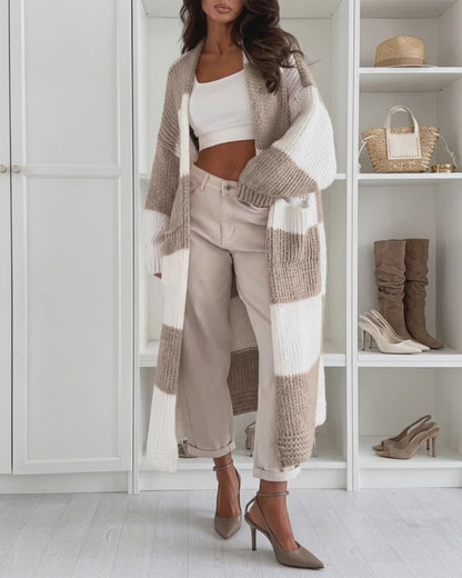 Women's Checkerboard Knit Cardigan Oversized Long Chunky Sweater Loose Lantern Sleeve Coat with Pockets