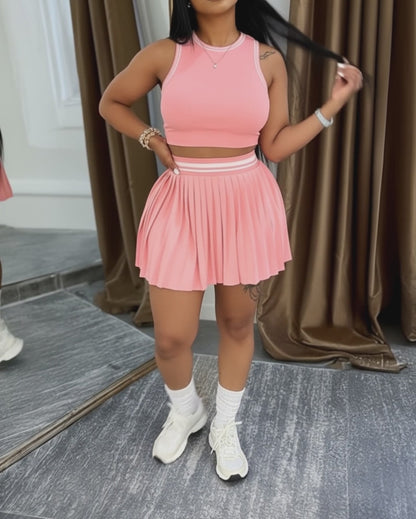 2 Pieces Outfit Round Neck Sleeveless Crop Tank Top and Elastic Waist Pleated Mini Skirt Set Casual Contrast Paneled Set