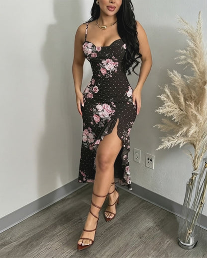 Women's Floral Cowl Neck Cami Midi Dress Casual Rhinestone Mesh Vacation Dress Slit Ruffle Hem Sundress