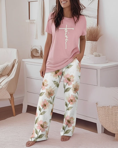 2 Pieces Outfit Faith Letter Print Short Sleeve Top and Watercolor Floral Print Elastic Waist Pants Set Casual Pajamas Set