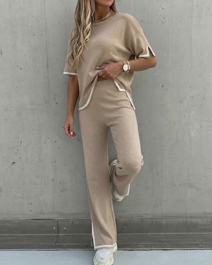 2 Pieces Outfit Round Neck Short Sleeve High-Low Hem Top and Elastic Waist Straight Leg Pants Set Casual Contrast Paneled Side Slit Knit Loungewear Set