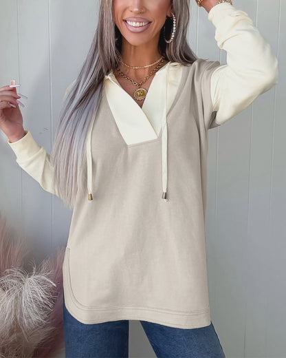 Women's Colorblock V Neck Hoodie Drawstring Curved Hem Sweatshirt Casual Slit Top