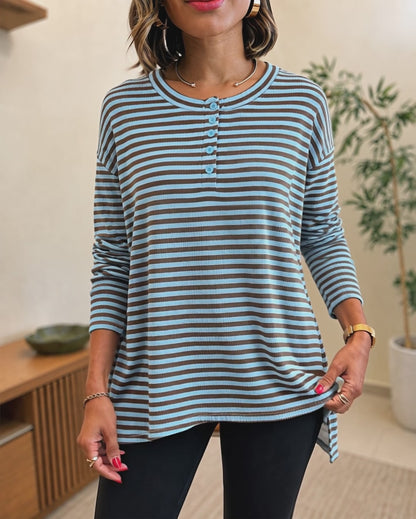 Women's Striped Henley Neck Waffle Knit Top Casual Loose Side Slit Long Sleeve Pullover