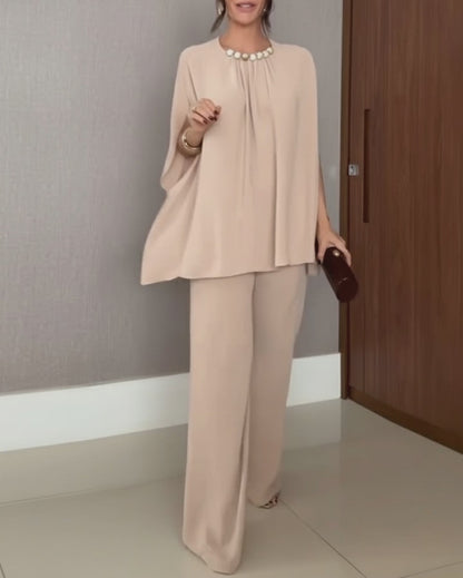 2 Pieces Outfit Elegant Pearl Embellished Split Sleeve Top and Casual Wide Leg Pants Set