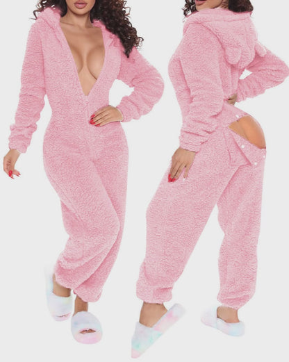 3D Ear Buttoned Flap Functional Fluffy Lounge Jumpsuit