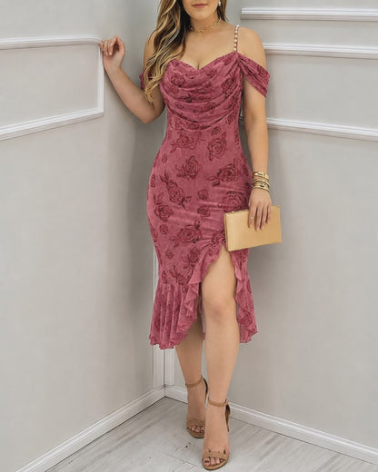 Women's Cold Shoulder Pearls Decor Strap Ruffle Midi Dress Cowl Neck Flocked Rose Slit Mermaid Bodycon Dress