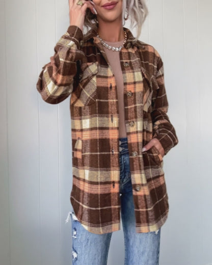 Women's Plaid Long Sleeve Button Down Brushed Shacket Casual Turn-down Collar Coat