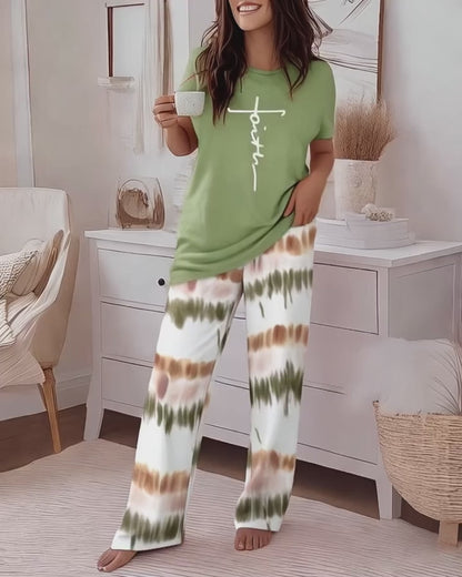 2 Pieces Outfit Letter Print Round Neck Short Sleeve Top And Tie Dye Print Elastic Waist Loose Fit Pants Set Casual Pajamas Set