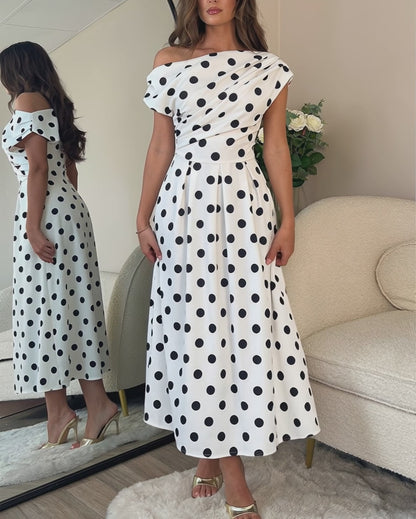 Women's Skew Neck Polka Dot Maxi Dress Ruched A-Line Swing Dress Elegant Party Cocktail Dress with Pockets