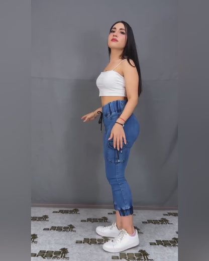 Casual High Waist Drawstring Capris Jeans with Pocket