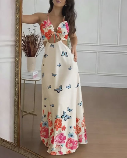 Women's Floral Butterfly Print Maxi Dress Backless Cutout Cami Sundress Ruched Tied Detail Flowy Vacation Dress