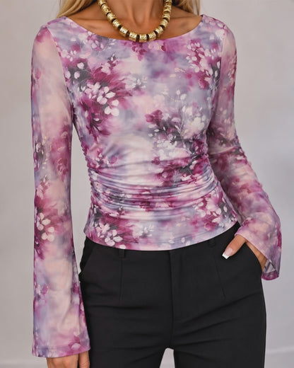 Women's Floral Print Gold Foil Sheer Mesh Boat Neck Flare Sleeve Ruched Top