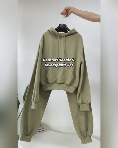 2 Pieces Outfit Kangaroo Pocket Thermal Lined Drawstring Hoodie Sweatshirt and Casual Elastic Waist Cinched Ribbed Cuffs Sporty Sweatpants Set