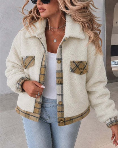 Women's Crop Sherpa Jacket Plaid Trim Fleece Coat Button Down Lapel Fluffy Outerwear