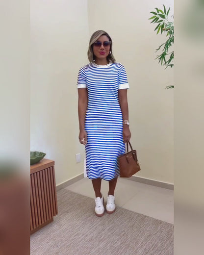 Women's Striped Colorblock Midi T-Shirt Dress Casual Crew Neck Waist-Cinching Slit Dress with Pockets