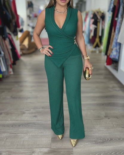 2 Pieces Outfit Overlap Deep V-Neck Sleeveless Side Button Decor Asymmetrical Hem Slim Fit Top and Elastic Waist Wide Leg Pants Set Casual Ribbed Set