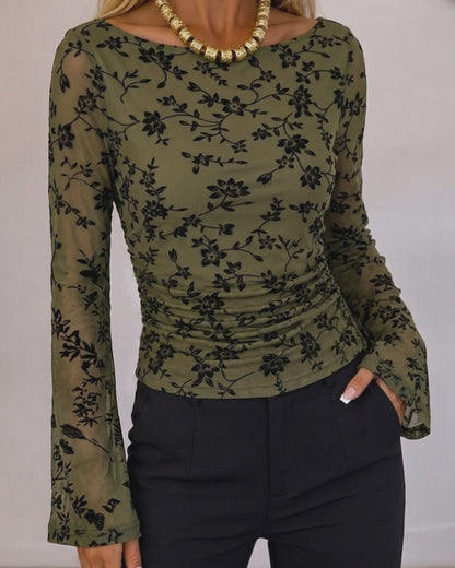 Women's Vintage Flocked Floral Mesh Top Boat Neck Ruched Flare Long Sleeve Tee