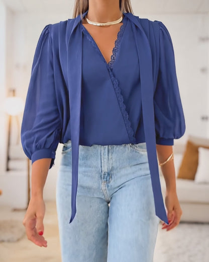 Women's Tie Neck Chiffon Blouse Elegant Lace V Neck Shirt Long Lantern Sleeve Top Ruched Elastic Hem Lined Blouse