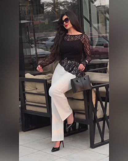 Long Sleeve Cinched Waist Asymmetrical Hem Textured Sheer Lace Top