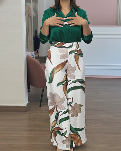 2 Pieces Outfit Turn-down Collar Long Sleeve Button Front Satin Shirt and Casual Vintage Floral Print Elastic Back Waist Wide Leg Pants Set without Belt