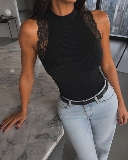 Women's Lace Trim Mock Neck Sleeveless Ribbed Knit Tank Top