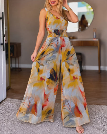 Women's V-Neck Floral Print Mesh Wide Leg Jumpsuit Stretchy Straps Shirred Waist Overalls