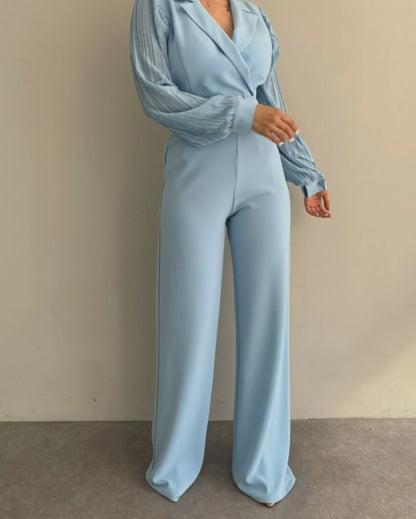Rhinestone & Pearls Decor Lapel Collar Pleated Long Sleeve Wide Leg Overalls Casual High Waist Zipper Back Jumpsuit